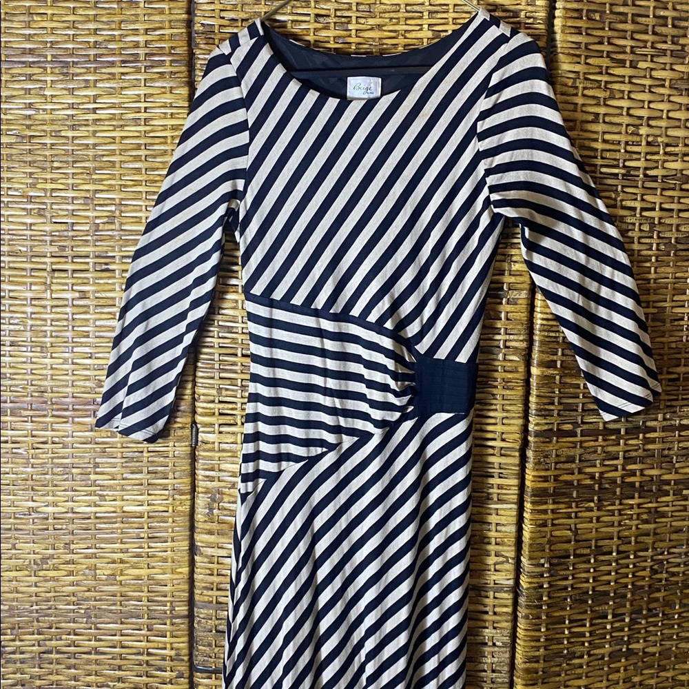 EUC beige by ECI, long sleeve cream, black striped super maxi tall girl dress M - Picture 2 of 9